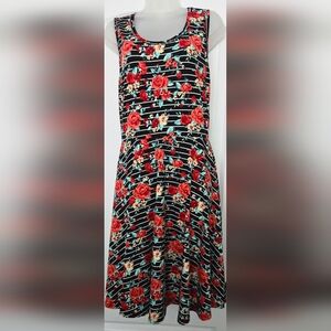Lularoe Black and White Striped Tank Dress with Rose Floral Design Size: Medium